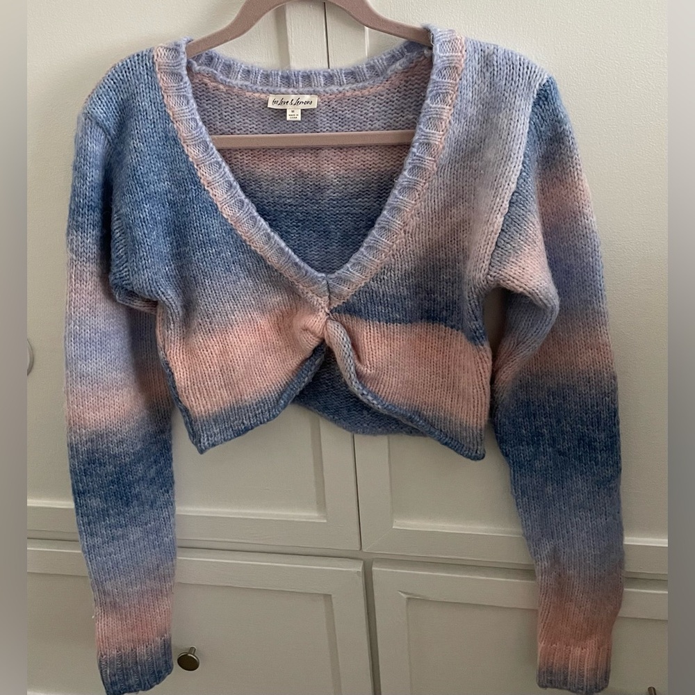 For Love & Lemons V-Neck Cropped Knit Sweater in Blue and Pink Ombre